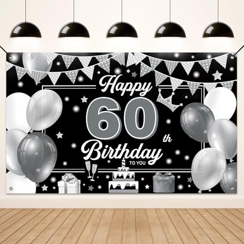 Koliphy 60. Geburtstag Deko, 60. Happy Birthday Banner für Mann Frau, Silber Schwarz Stoff 60 Geburtstagsbanner Hintergrund Party Dekoration Drinnen und Draußen