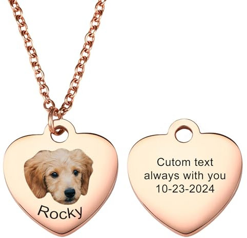 MeMeDIY Personalized Pet Mom Gifts Custom Pet Portrait Necklace with Engraved Sketch/Color Photo Personalized Dog Cat Necklace for Animal Lover - Rose Gold Heart 2