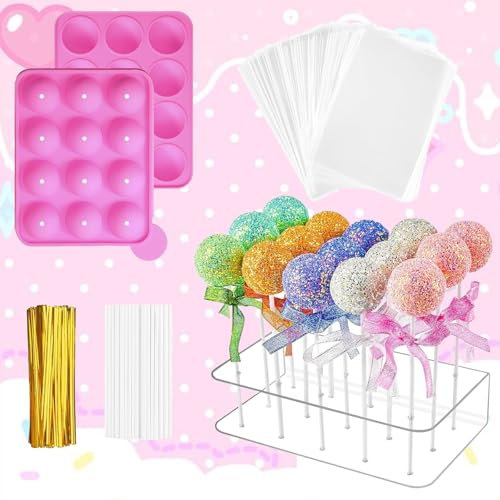 Yootiko Cake Pop Formen Set, Cake Pop Silikonform 20 Löcher Halter Lutscher Halter mit 100 Stäbchen 100 Bags und 100 Stück Twist für Süßigkeiten Gelee Schokolade Köstliche Leckereien Lutscher Kuchen