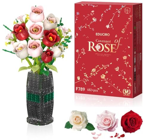 Under the Baubles Roses Flower Bouquet Building Set for Adults - Artificial Flowers with Vase for Home Decor - Mother's Day, Birthdays Gifts for Women, Her & Him (682PCS)