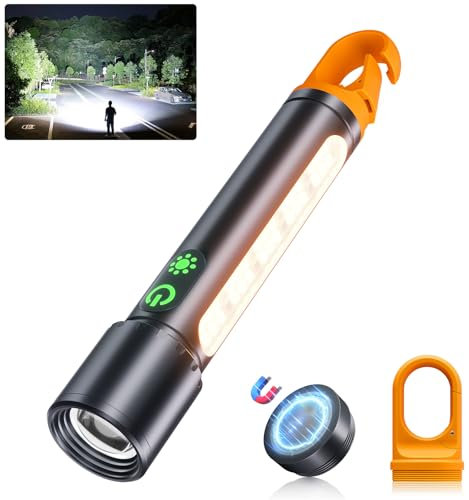 ET Rechargeable LED Torch Super Bright 900000LM, Magnetic Lightweight Waterproof Flashlight with 9 Modes&COB Side Light(Red Light), Zoomable &Tail Hook for Camping, Hiking, Emergency, Dog Walking