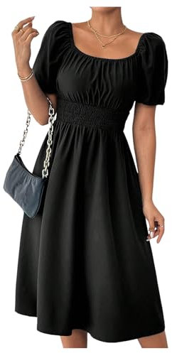 GORGLITTER Women's Square Neck Puff Short Sleeve Flared Flowy Dress A Line High Waist Smocked Elegant Midi Dresses Black X-Large
