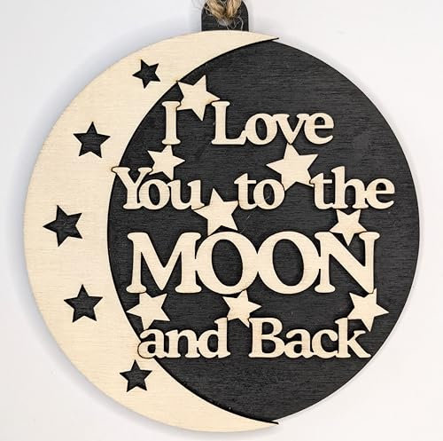 I Love You to the Moon and Back Wooden Wall Plaque, 10cm, Black and Natural Wood, Laser Cut Design