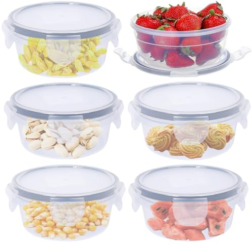 6 Pack 700 ml runde Lebensmittelbehälter mit Deckel Airtihgt, Kunststoff Wiederverwendbare Snacktöpfe mit Clipverschluss, auslaufsicher, kleines Aufbewahrungsbehälter-Set, stapelbar für Joghurt, Obst
