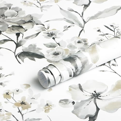 Fiula Selbstklebende Tapete Klebefolie Möbel Blumen 41CMx10M Möbelfolie Selbstklebend Grau und Weiß Wasserdicht Vinyl Wohnzimmer Schlafzimmer Vintage Abnehmbar Florale Wallpaper