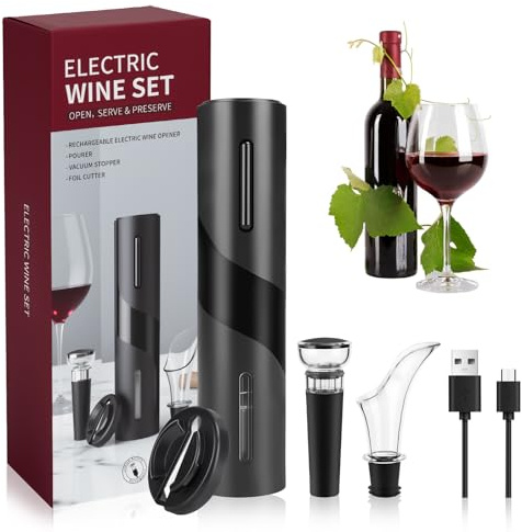 TAVADA Sacacorchos Eléctrico Recargable, Juego de Regalo de Vino con corta cápsula, Boquilla Aireador, Bomba de Vacío y Cable USB del Abridor de Vino Electrico - Regalo hombre para amantes del vino
