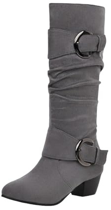 YIzdegg Stivali alti al ginocchio, da donna, con fibbia, tacco a blocco, stivali da equitazione, stivali alti al ginocchio, in pizzo, stile retrò, per le mezze stagioni, grigio., 41 EU
