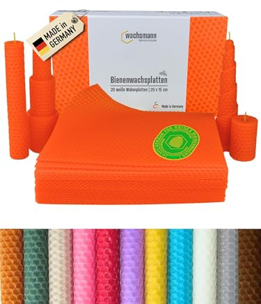 Wachsmann 20 Bienenwachsplatten aus Deutschland, orange, Wachsplatten 20 x 15 cm, Bienenwachs Kerzen selber Machen, Kerzenwachs