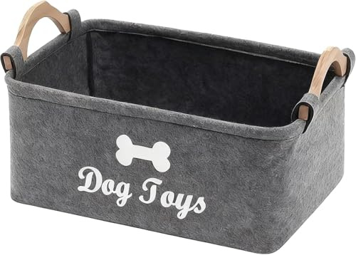 LYhsmg Dog Toy Storage,Dog Toy Box,dog Toy Basket With Wooden Handle,Grey Felt Pet Supplies Storage Basket for Organizing Dogs Cat Clothes,Blankets,Shoes,Pet Accessories