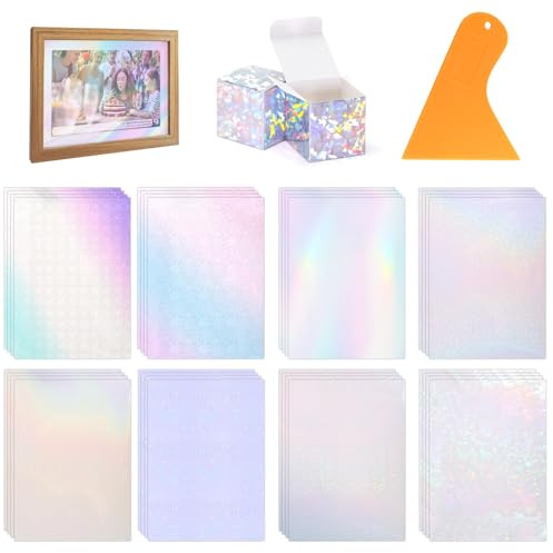 Gysim 32 Blatt Hologrammfolie Mit Schaber, 210 x 297 mm, holografische folie, glitzerfolie selbstklebend folie, Fenster, A4, wasserdicht, selbsthaftend, klebefolie transparent (8 Motive)