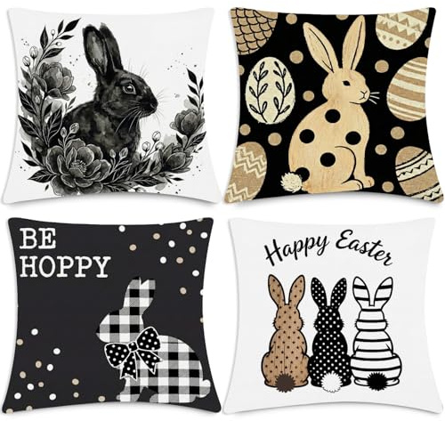 Afritee Ostern Deko Kissenbezug 45x45, Schwarz Hasen Ostereier Osterkissen Kissenbezüge 4er Set, Easter Zierkissenbezug Für Zierkissenhülle Sofa Dekoration