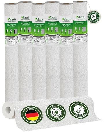 Veluxis Vliestapete 6er-Set PROTECT Körnerstruktur – 10,05 m × 0,53 m | kratz- & stoßfest, rissüberbrückend, leicht zu reinigen, Made in Germany