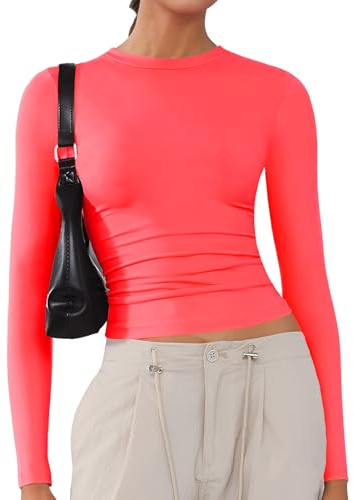 Chemises douces à manches longues et col rond pour femme, T-shirts basiques extensibles pour sortir, hauts courts Y2K coupe ajustée, rose fluorescent, Taille S