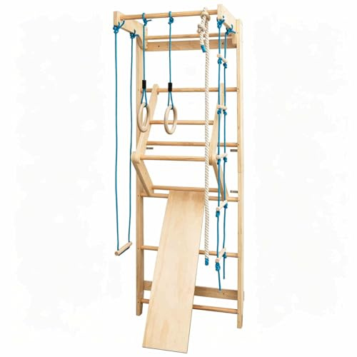 HOMASIS Espaldera de Madera de Pino, Escalera de Agilidad Sueca con Cuerda y Tablas de Madera, Escalera de Gimnasia para Interior, para Niños y Adultos, 80x58.5x220cm