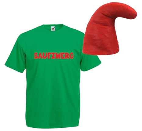 Saufzwerg Kostüm Set mit T-Shirt & Mütze – Trinkfestes Zwerg Kostüm für Karneval & Fasching – Party Verkleidung – Farben Grün Gelb Blau Rot – S–5XL