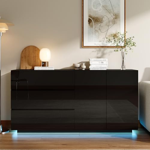 DULRLLY Kommode Schwarz Hochglanz mit LED Beleuchtung, Sideboard Schwarz Hochglanz 160cm mit 2 Türen und 3 Schubladen, Küchenschrank Buffets Anrichte, Buffetschrank Modern für Schlafzimmer Esszimmer