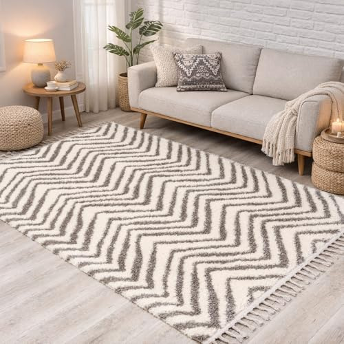 carpet city Hochflor Teppich Shaggy Creme 140x200 cm - Chevron-Muster, Fransen & Kettfäden - flauschig weich, kuschliger Schlafzimmer- & Wohnzimmerteppich