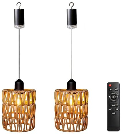 SGZIOO 2 Stück Rattan Hängelampe mit Batterie, Hängeleuchte Rattan mit Fernbedienung, Dimmbar, Timer, E27 Pendelleuchte Boho, Lampenschirm Korb für Innen Außen, Ohne Stromanschluss