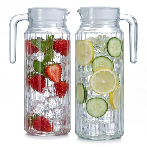 2 Stück Kühlschrankkrug 1,1 Liter Glas Wasserkrug mit Deckel ergonomischer Griff