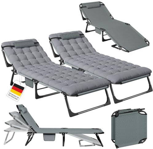 STEELSØN Nysaris Sonnenliege 2er Set Grau, klappbar, verstellbar, bis 180kg | Strandliege, Gartenliege wetterfest, Liegestuhl mit Polsterauflage, leichte Campingliege mit Seitentasche, Garten & Terrasse