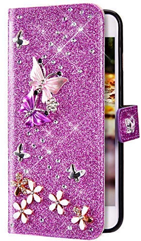 Uposao Kompatibel mit Samsung Galaxy A5 2016 Hülle Schmetterling Blume Diamant Strass Bling Glitzer Handy Hülle Leder Wallet Schutzhülle Brieftasche Hülle Klapphülle Tasche Kartenfächer,Lila