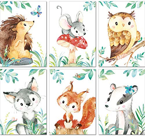 LALELU-Prints Bilder Kinderzimmer Poster Babyzimmer Deko Mädchen Jungen Kinderbilder Set Kinderzimmerbilder (Waldtiere B 6er Set)
