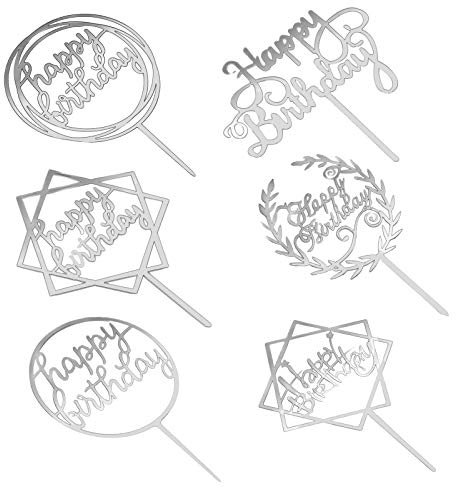 Cake Topper Happy Birthday,6 Stück Geburtstag Kuchen Topper Tortendeko Acryl Cake Topper Cupcake, Kuchen Dekoration Glitter Dekoration, Kinder Party Supplies(Silber)