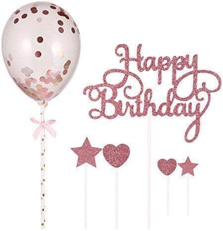 tao pipe 15PCS Happy Birthday Cake Toppers Balloon Cake Topper Glitter Star and Heart Shaped Cake Decorations for Girls Women(Pink)