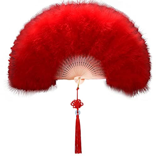 Surakey Marabou Feather Fan 20s Vintage Folding Fan Flapper Hand Fan with Tassels Women Handheld Fan for Costume Dancing Show Tea Party Gifts Wedding Decoration (Red)