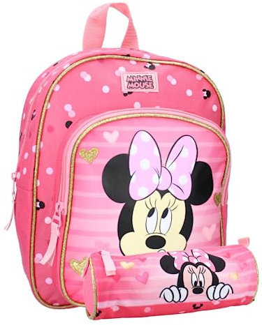 mybagstory - Rucksack - 2-teiliges Set - Minnie Mouse - Rosa - Kinder - Schule - Kindergarten - Grundschule - Schulranzen Mädchen - Größe 31 cm - verstellbare Träger - Geschenkidee + Federmäppchen,