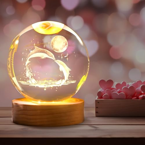 Recitem 3D Kristallkugel Nachtlicht, mit LED-Lampensockel Nachtlicht für Heimdekoration, Romantisches Geschenk für Freundin, Ehefrau, Mutter,Geburtstag, Erntedankfest, Jahrestag (Delphin-Punktmond)