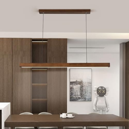 Moderne Hängelampe Holz Esszimmerlampe LED Pendelleuchte esstisch Dimmbar Linear Design hängeleuchte mit Fernbedienung Esstischlampe hängend höhenverstellbar für Esszimmer (Nussbaumholz, L120cm)