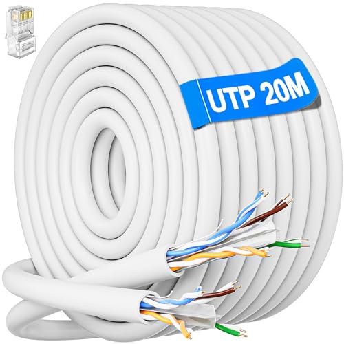 Cat 6 Cable Ethernet 20 Metros, Cat6 Cable de Red Bobina Exterior Sin Blindaje UTP Cable a Granel Cable Rj45 Gigabit Blanco Cable LAN Alta Velocidad Cable Internet 250MHz 1Gbps Cable Wifi