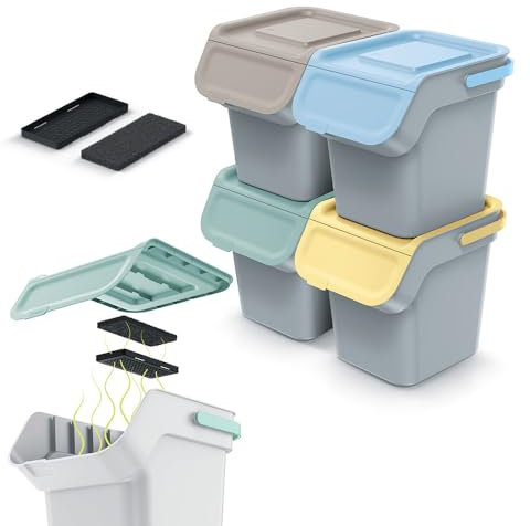 magubo Mülleimer 4 Fächer mit Deckel und Aktivkohlefilter, Mülltrennsystem 4fach, Mülleimer Trennsystem für effiziente Abfalltrennung und Geruchskontrolle (Grau, 4x25L)
