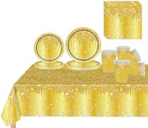81 Pcs Gold Party Tableware Set for Her,Girls,Women,Yellow Paper Plates Cups Napkins and Tablecloth,Sparkling Diamond Yellow Dinnerware Set for Birthday,Wedding,Baby Shower Party Tableware