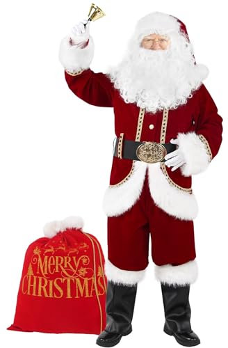 Boveco Weihnachtsmänner Kostümset für Erwachsene 11-teilig Deluxe Weihnachtsmann Kostüm Anzug Samt für Weihnachten Urlaub Party Cosplay XL
