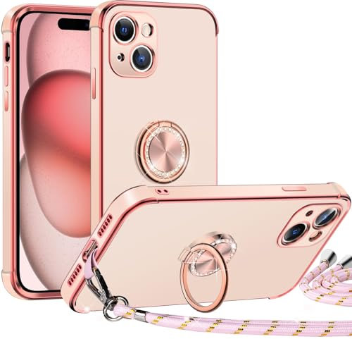 Miss Arts für iPhone 15 Hülle mit Band, Ring Ständer Handykette Handyhülle Frauen Mädchen Dünn Stoßfeste Schutzhülle für iPhone 15 Case Rosa