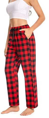 Cyathea Schlafanzughose Damen 100% Baumwolle Flannel Pyjamahose Kariert Loungehose mit Taschen Nachtwäsche Unterteil Schlafhose Weich für Frauen Verstellbaren Tunnelzugbund Rot KariertL
