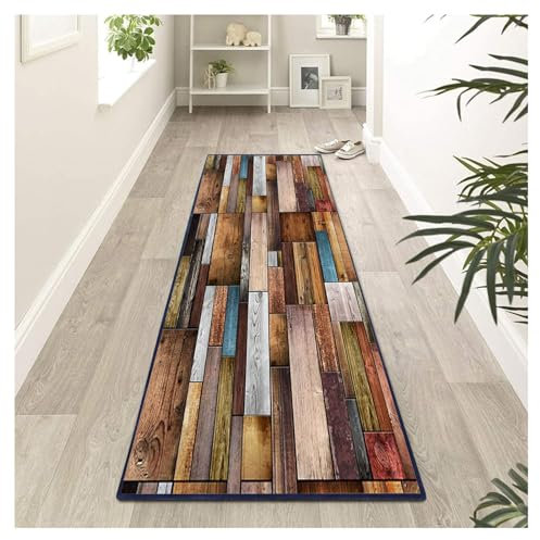 Siunwdiy Teppich Läufer Flur 90X160cm Holzoptik mit Vintage Muster, rutschfest Robust Waschbar Kücheteppich Teppichläufer, Lange Carpet für Flur Schlafzimmer Wohnzimme, Polyester Kurzflor