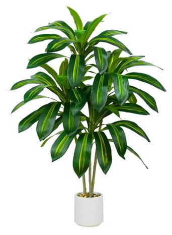 Artificial Dracaena Plant Indoor 4FT Fake Tree with White Tall Planter, Tall Yucca Fake Floor Plant in Pot, Artificial SilkPlant for Home Decor Office Living Room Porch Patio Housewarming