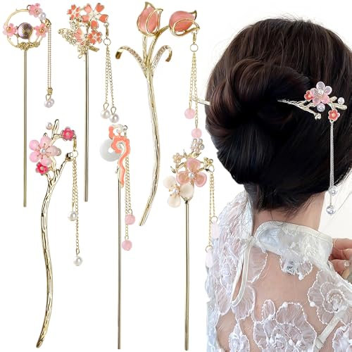 Tassel Flower Haarnadel Rosa Blume Haarstab Vintage Blumen Haarstäbchen Floarl Chinese Hair Pin Hair Sticks Quaste Perlen Hairpin Qipao Hanfu Hair Stick Chinesische Haarnadel Hair Accessories Women