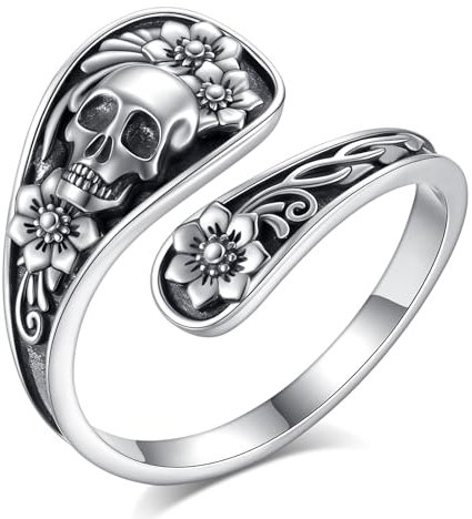 INFUSEU Totenkopf Löffel Ring, Gothic Löffel Bouge Halloween 925 Sterling Silber Skelett und verstellbarer Löffel Schmuck Vintage Geschenke für Frauen Männer