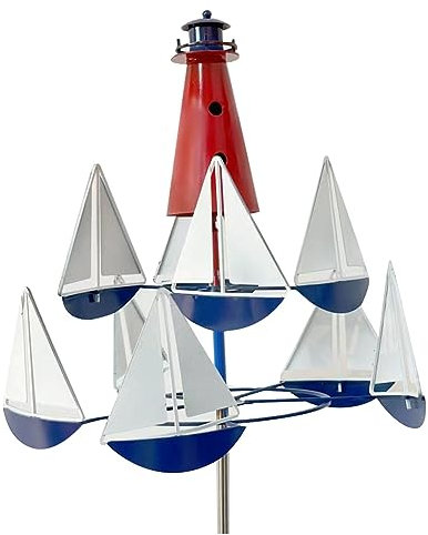 Kopinma Art Wind Sculpture Spinner, Lighthouse Sailboat Windmills, Nautical Wind Sculpture Decor for Yard Garden Outdoor, Metal Wind Spinner Windmill Stakes for Yard Lawn