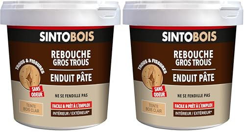 SINTOBOIS - Reboucher les gros trous - Mastic - Prêt à l'emploi - Poncer et peindre - Intérieur et extérieur - S'utilise comme un mastic - Ne se fissure pas - Technique professionnelle - 2 Kg