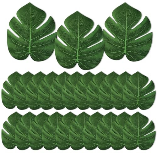 48 Pieces Green Monstera Leaves, Artificial Palm Leaves, 3 Size Tropical Leaf Plant Decor, Fake Leaf Plant Decor for Jungle Safari Beach Hawaiian Luau Theme Birthday Party Table Wall Decorations