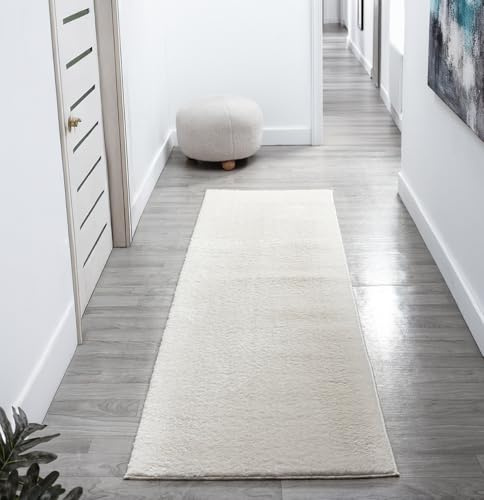 Comfy Washable Plain Non-Slip Hallway Runner Rug, Cream, 60x200cm