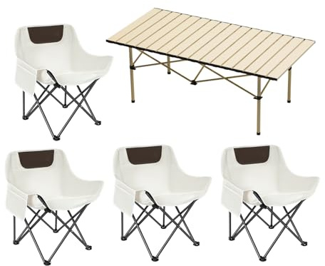 AXIONA ELEMENTS Portable Outdoor Camping Set, Square End Table with 4 Moon Chairs for Patio, Garden, Living Room, Indoor Outdoor Use (White, 47 inches)