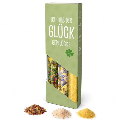 3er Gewürz Geschenkset Ich hab dir Glück gepflückt Blütensalz Blütenmix | Mit Blütenmischung, Blütensalz und Zitronen-Ingwer-Salz - liebevolles Geschenk, Mitbringsel und Feinkost-Set