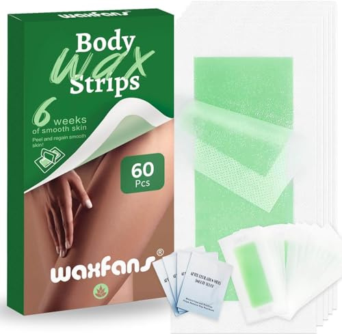 WaxFans 60 Count Wax Strips for Hair Removal,40 Body Waxing Strips,for Bikini Legs & Underarms, 20 Face Wax Strips for Facial,lip,eyebrows,chin with 4 Calming Wipes, for Women & Men（Green）
