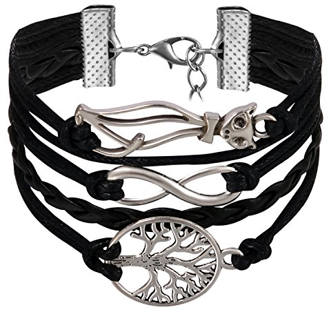 JewelryWe Schmuck Freundschaft Armband, Vintage Katze Baum des Lebens Infinity Unendlichkeit Zeichen Leder Legierung Seil Charm Armreif Wickelarmband, Schwarz Silber